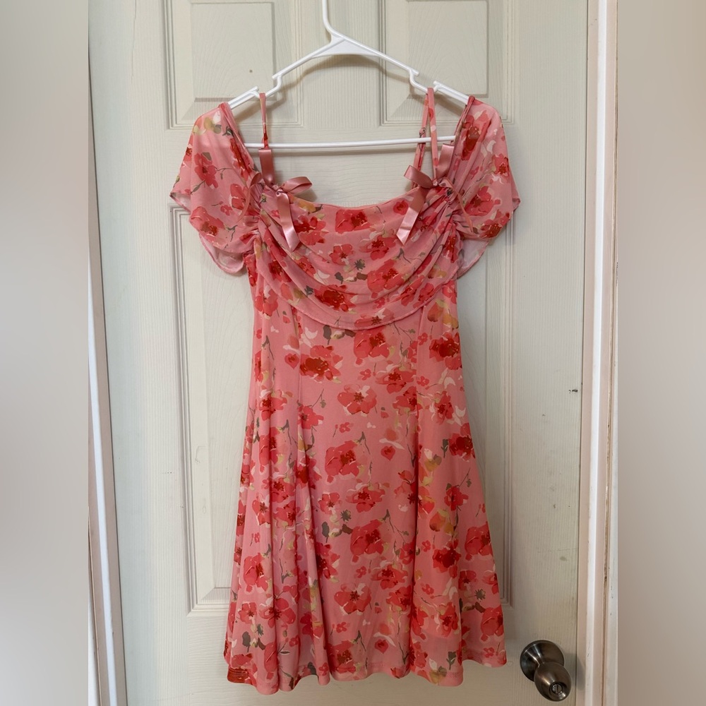 Stitch & Pine Pink Floral Off Shoulder Mini Dress Bow Detail Cottagecore Y2K Sm